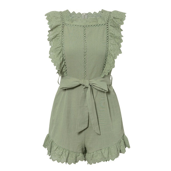 JaMerry Elegant ruffle sleeveless playsuit women Hollow out white female jumpsuit romper Holiday summer cotton jumpsuit overalls